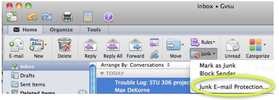 outlook for mac junk email options